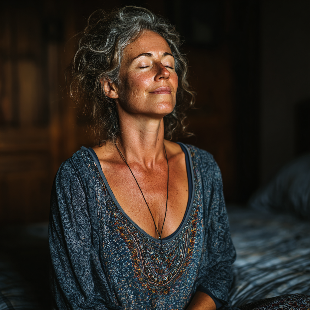 Жінка 52 років сидить із заплющеними очима, робить дихальну вправу, одна рука на грудях, друга на животі, спокійне обличчя в медитативному стані