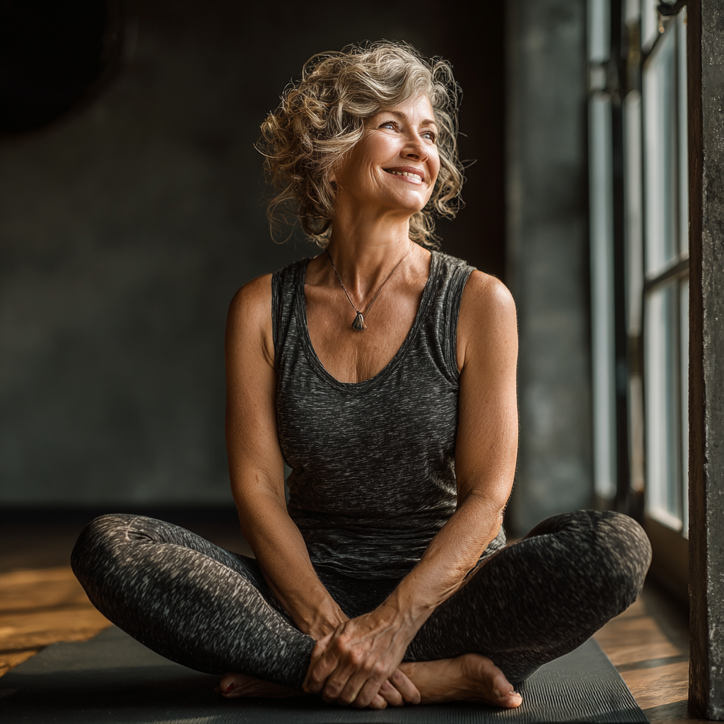 Жінка 55 років у зручному одязі виконує просту позу йоги на килимку, усміхається та виглядає розслаблено в світлій студії