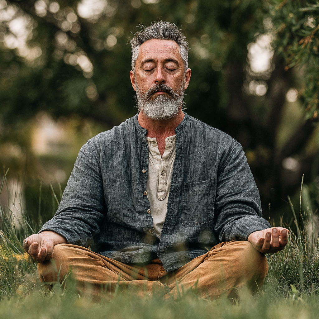 Чоловік 58 років сидить у позі лотоса на природі, очі закриті, обличчя спокійне та зосереджене, навколо зелена трава та дерева