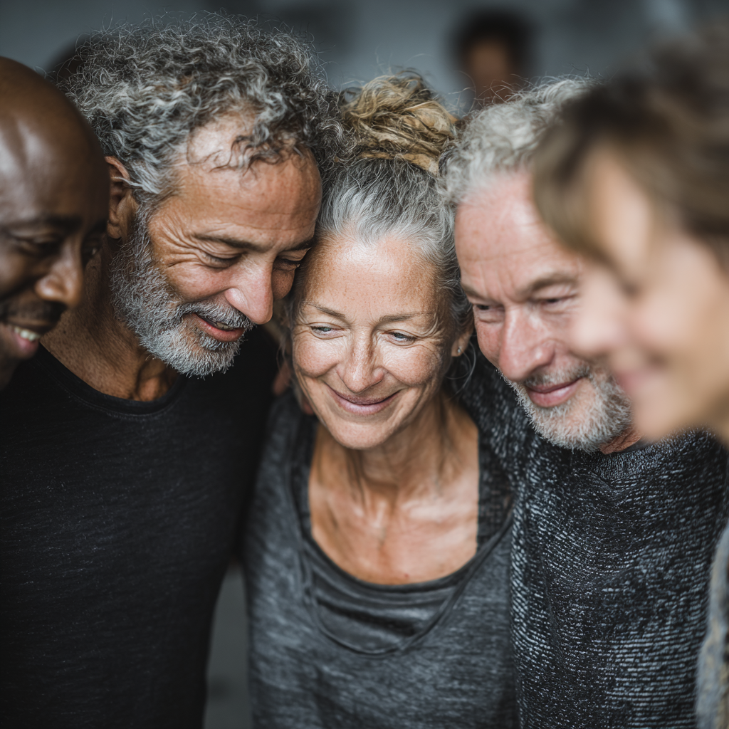 Група людей віком 50-60 років після заняття йоги стоять в колі, усміхаються та обіймаються, атмосфера дружби та взаємопідтримки